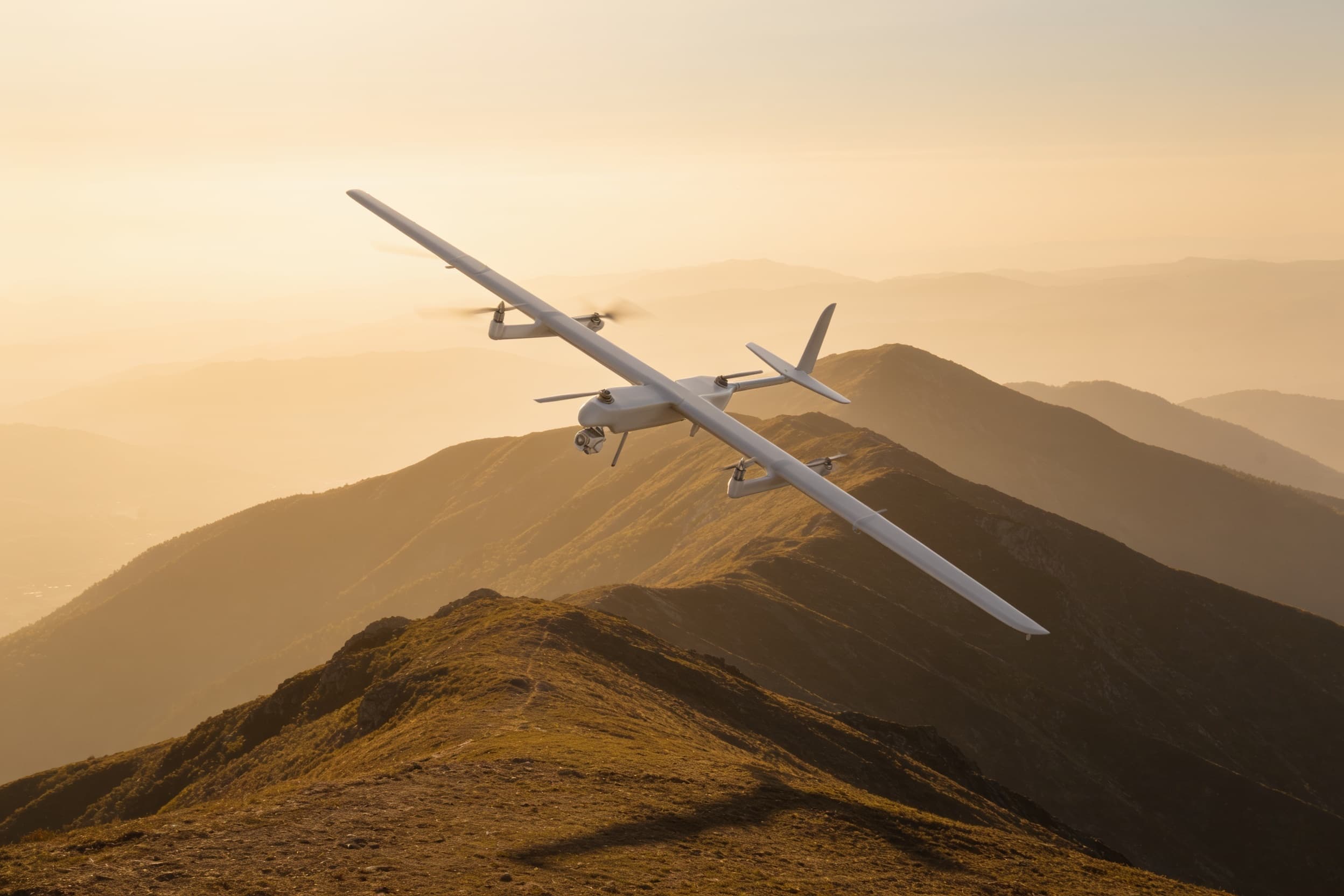A fixed-wing inspection drone banking over rolling terrain at golden hour