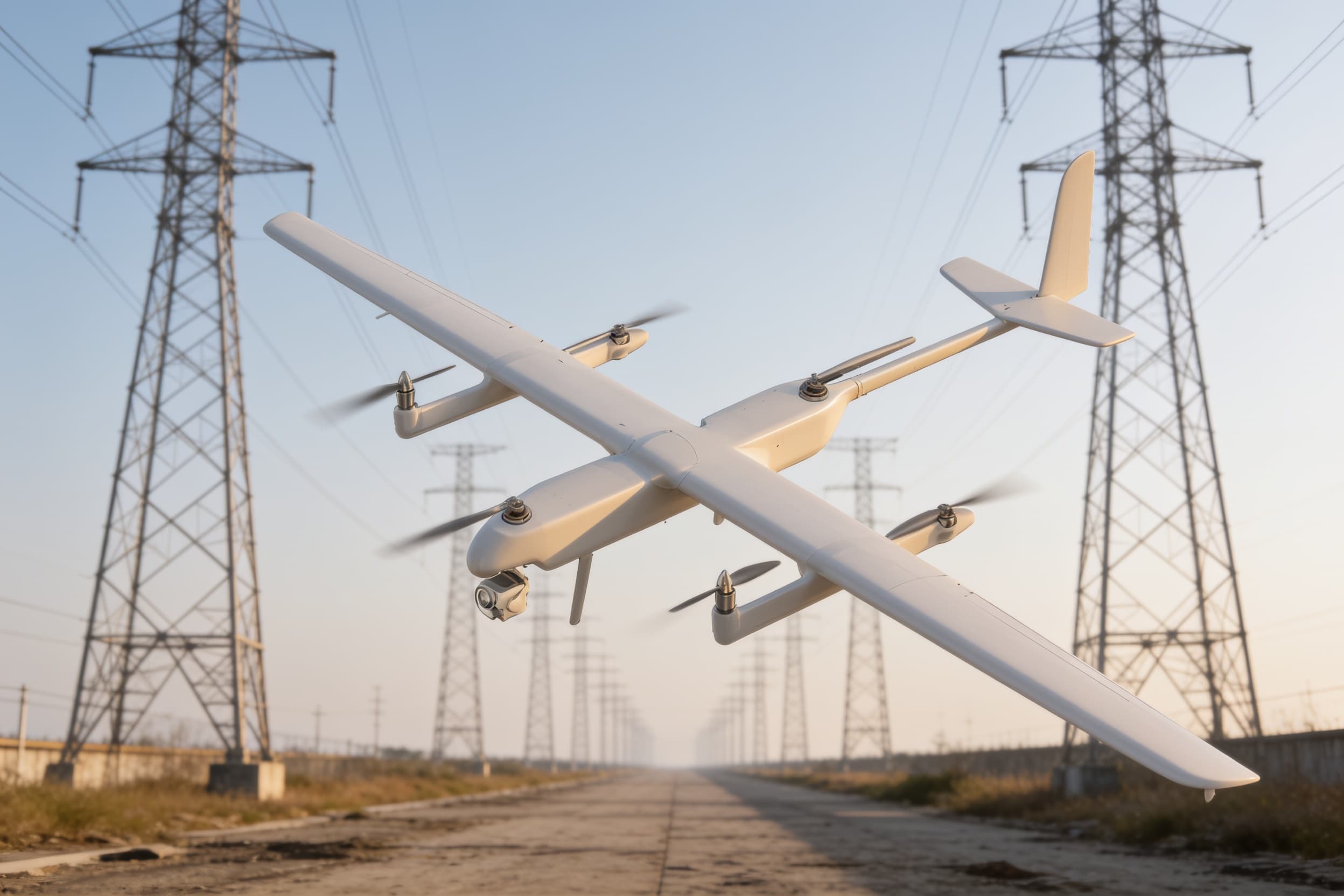 A fixed-wing inspection drone following a powerline corridor