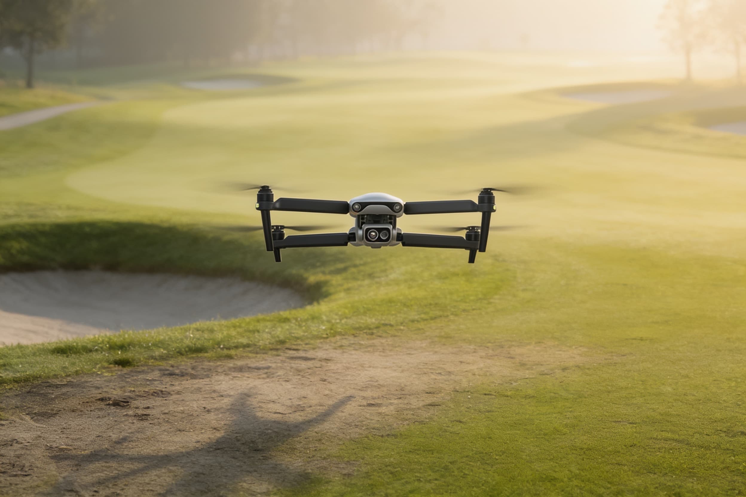 An inspection drone over a golf-course fairway at first light