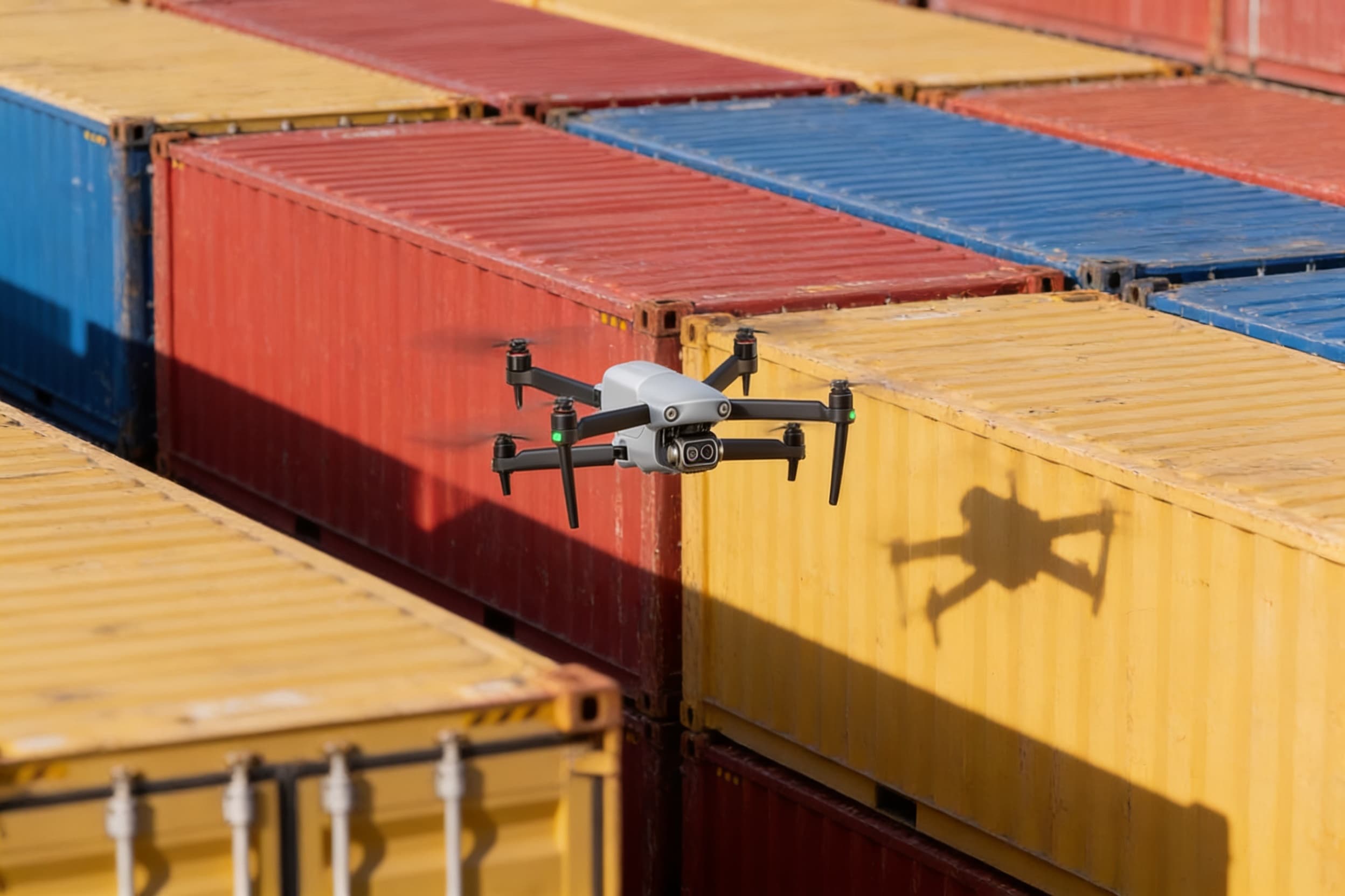 Inspection drone flying between shipping-container stacks