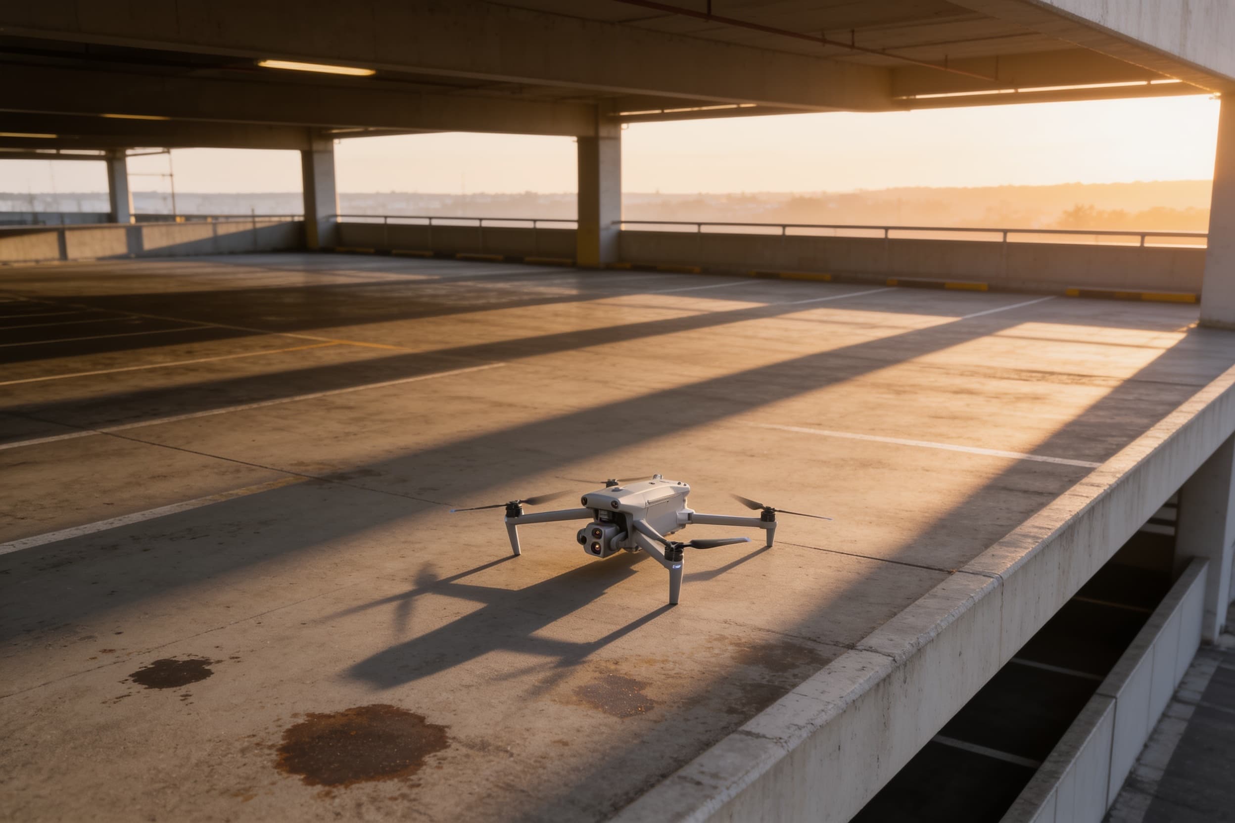 Inspection drone on a parking-garage top deck at sunrise