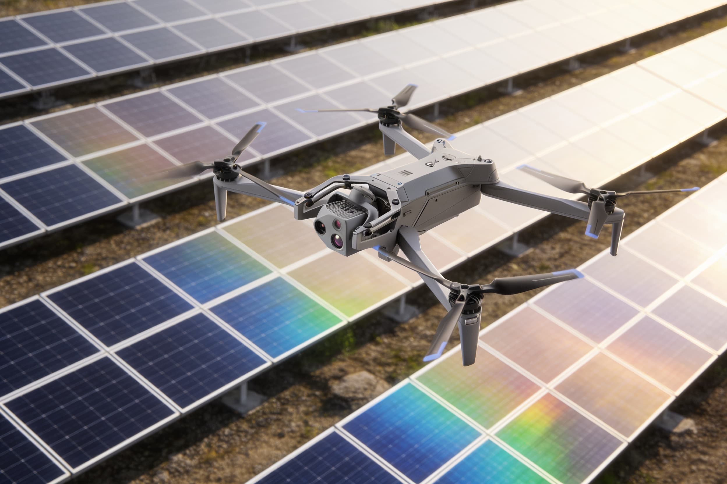 An aerial inspection drone hovering over ground-mount solar rows on a scan pass