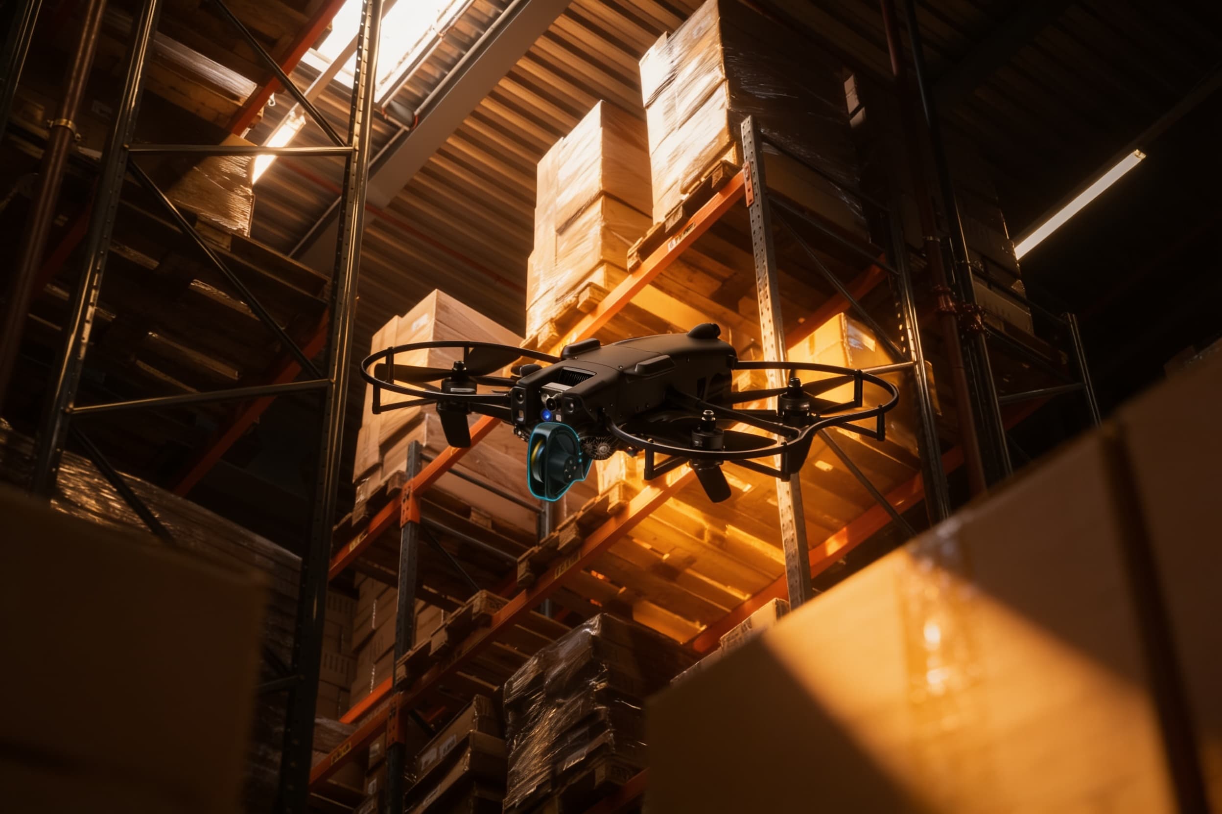 BRINC Lemur 2 indoor drone inspecting between warehouse racks