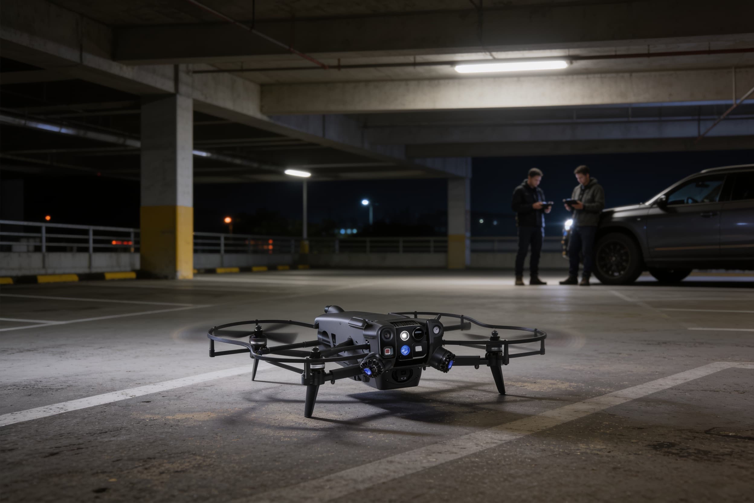 BRINC Lemur 2 drone inspecting a parking structure at night