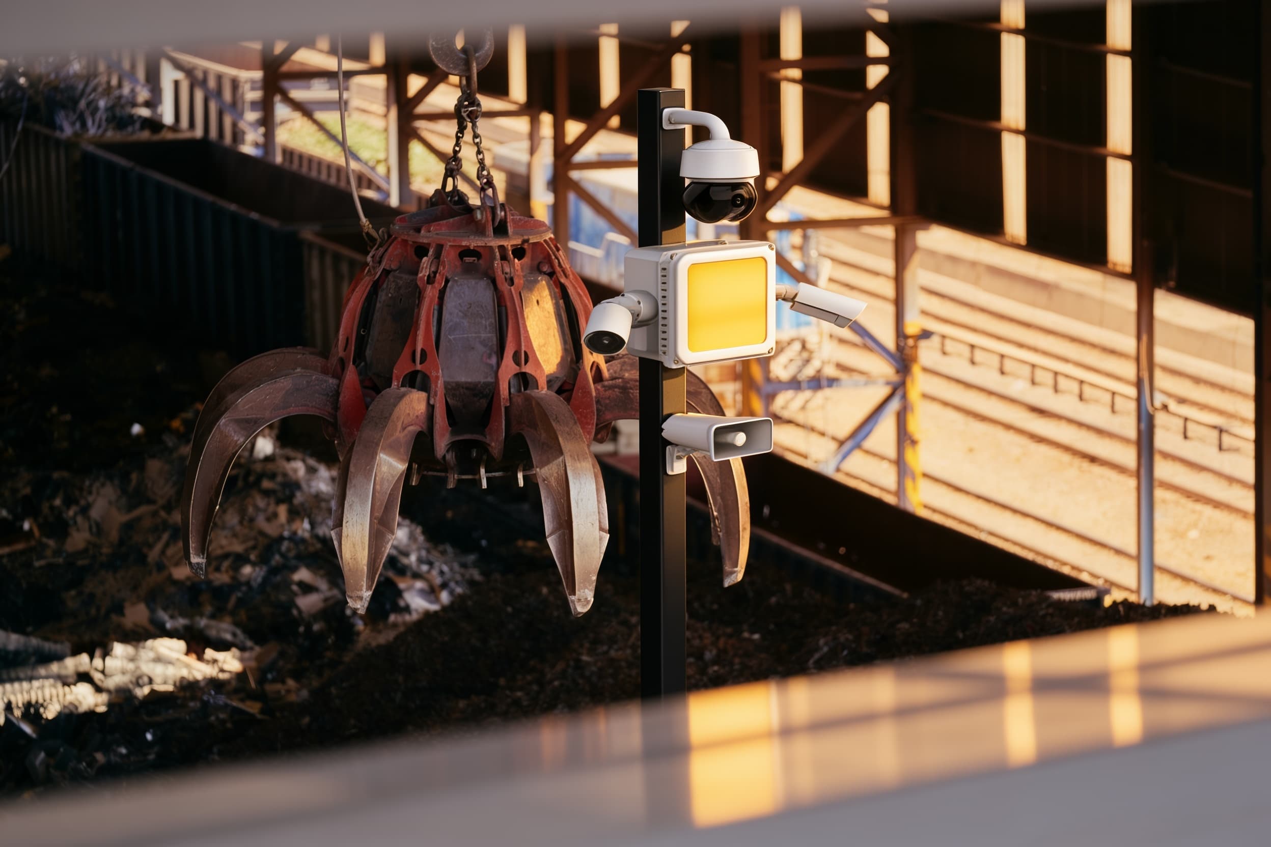 A pole-mounted camera unit watching an equipment laydown yard