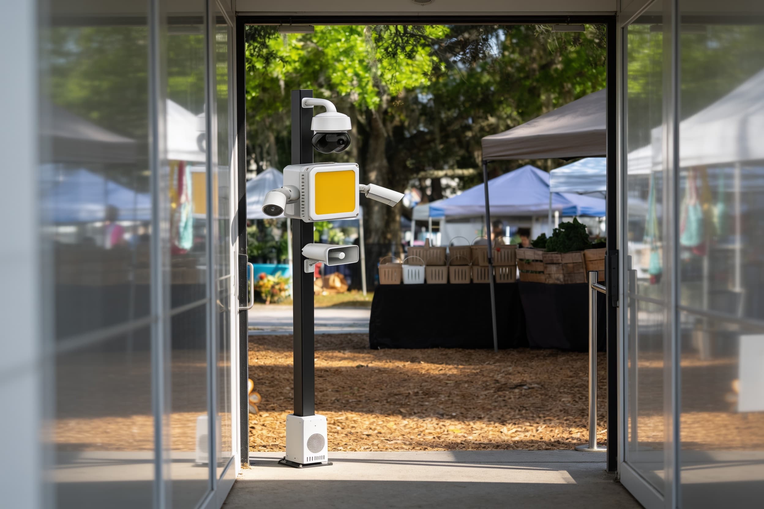 A mobile surveillance trailer at the event entrance before opening