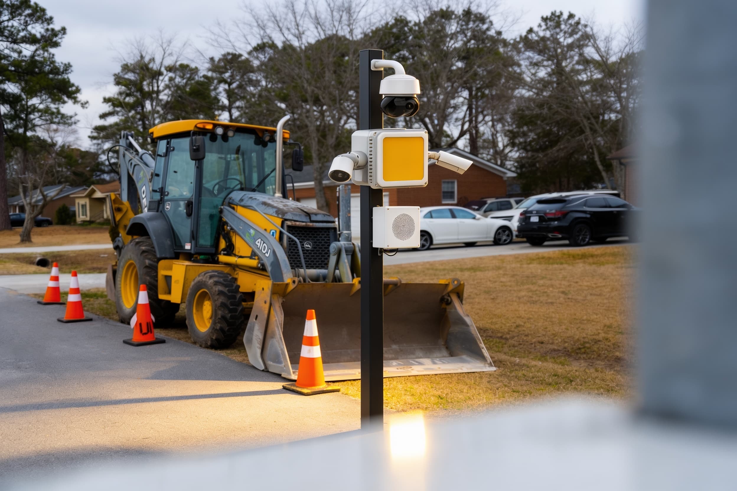 Pole surveillance unit beside a coned work zone