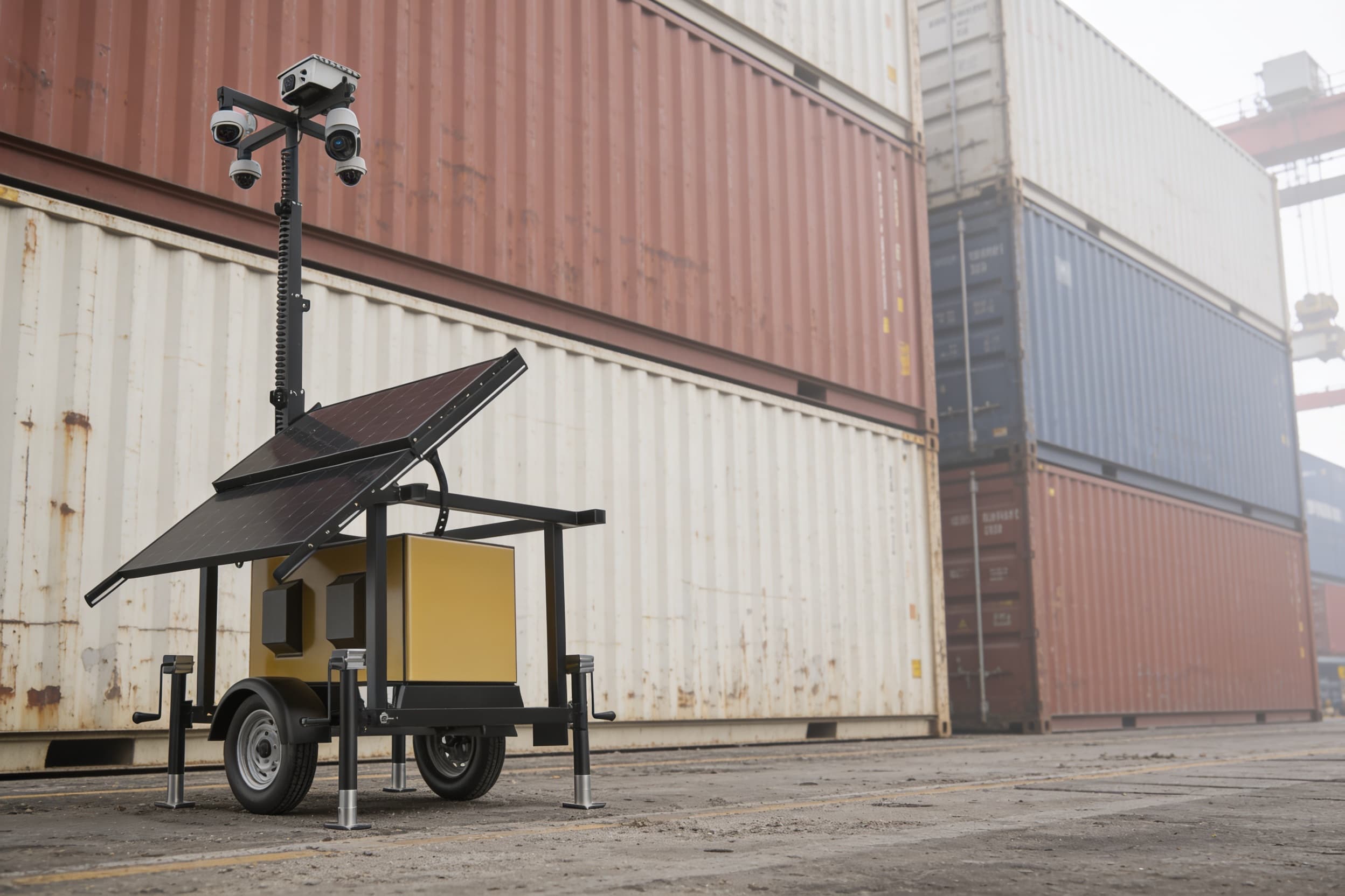 Solar surveillance trailer among shipping containers at a port
