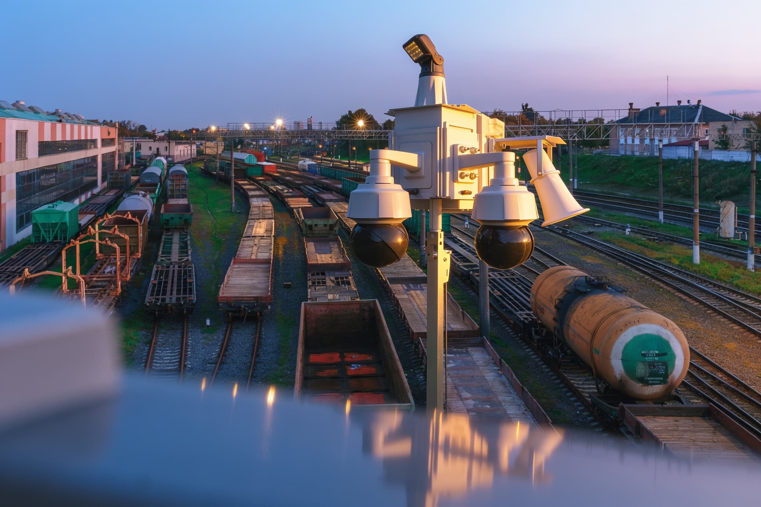 Security camera overlooking a logistics yard at dusk