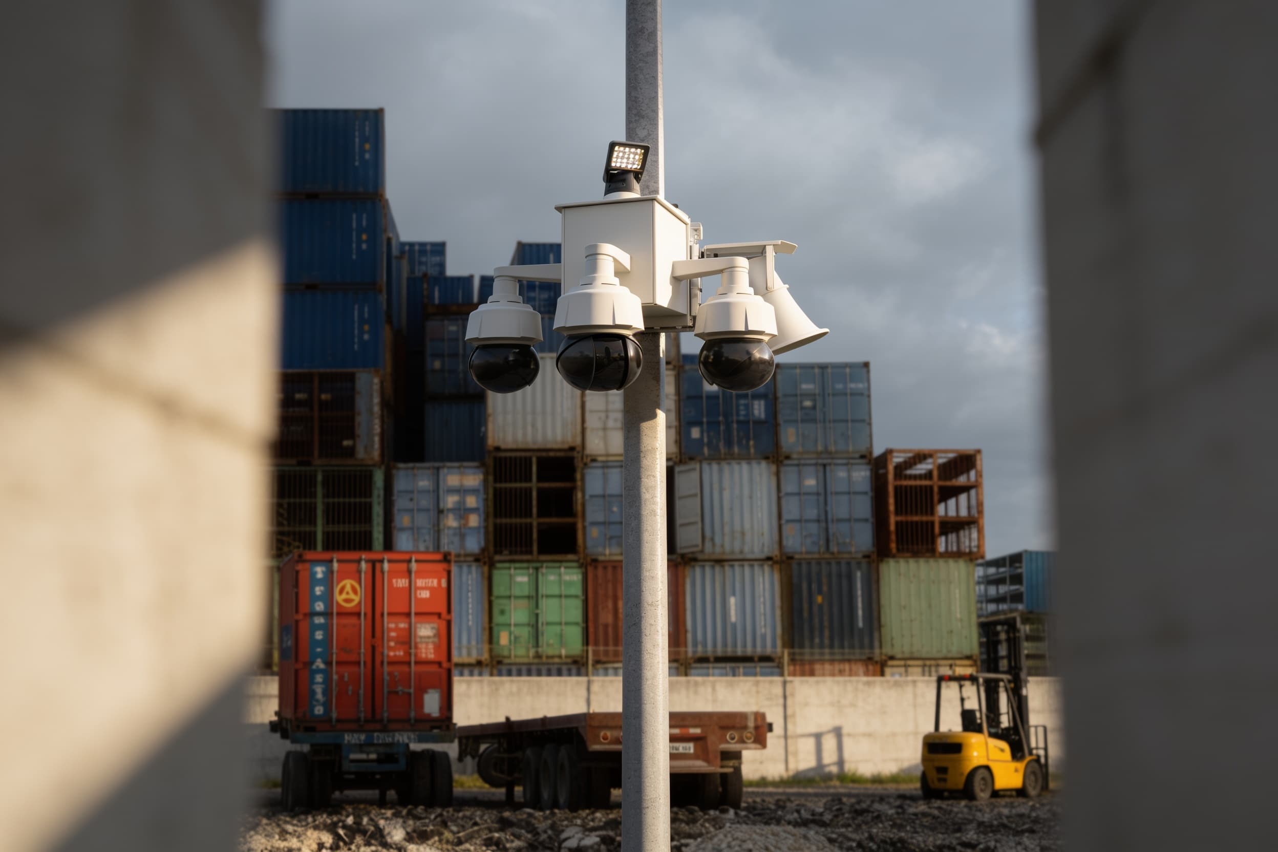 Pole-mounted security camera overlooking a distribution yard