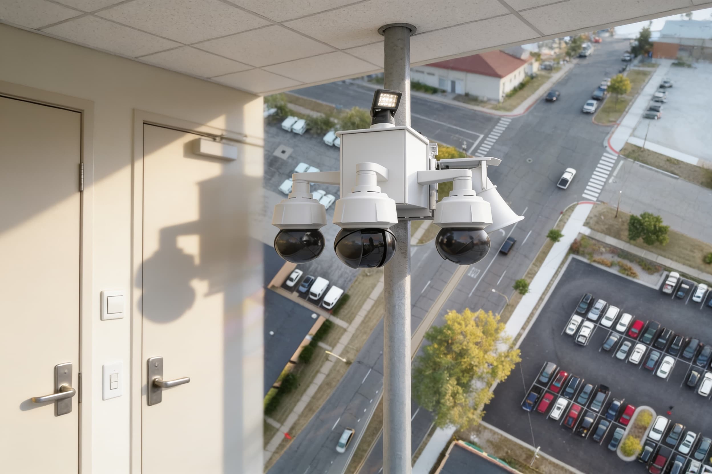 Pole camera over a school parking lot