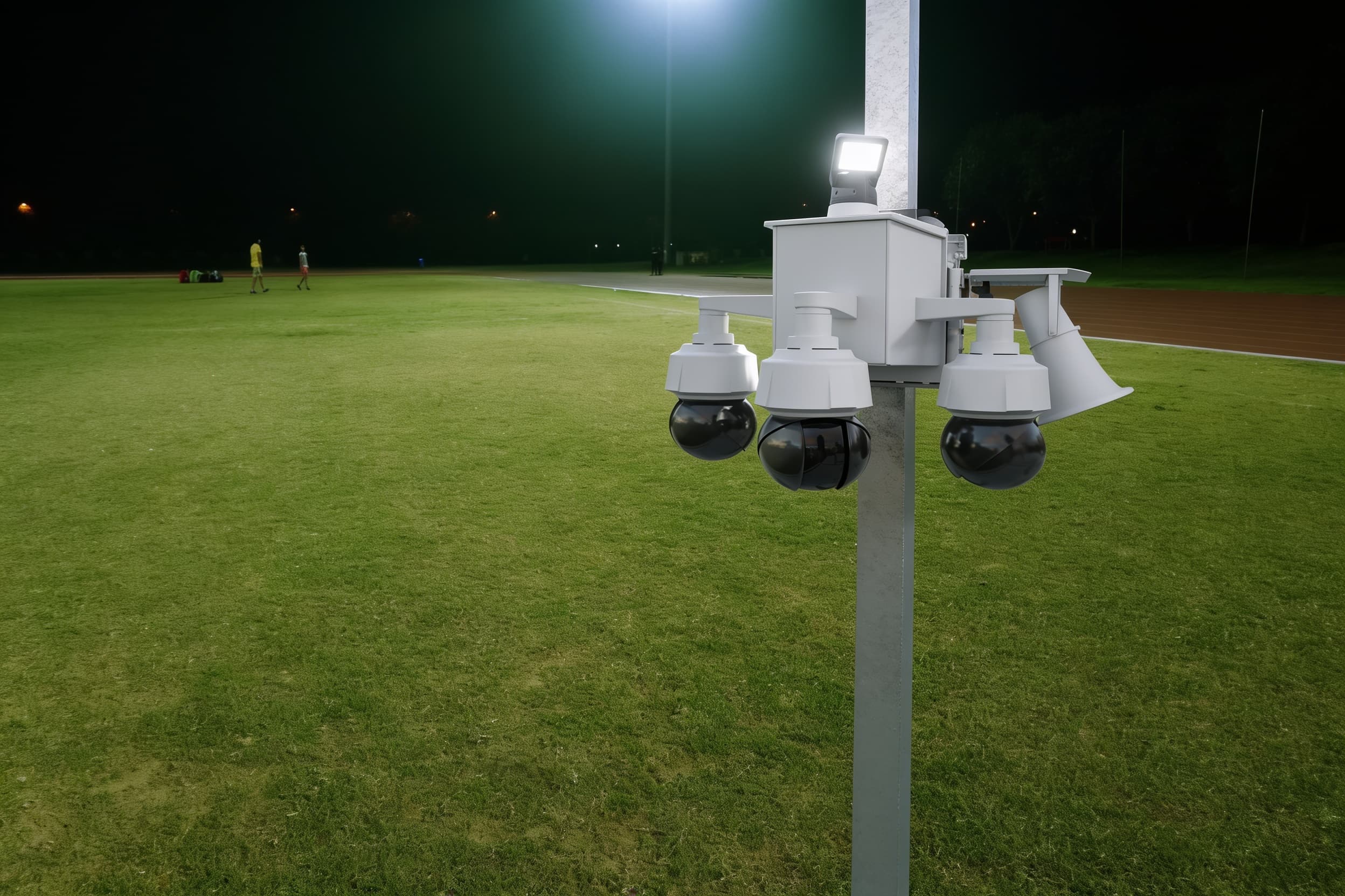 Pole-mounted security camera overlooking parking at night
