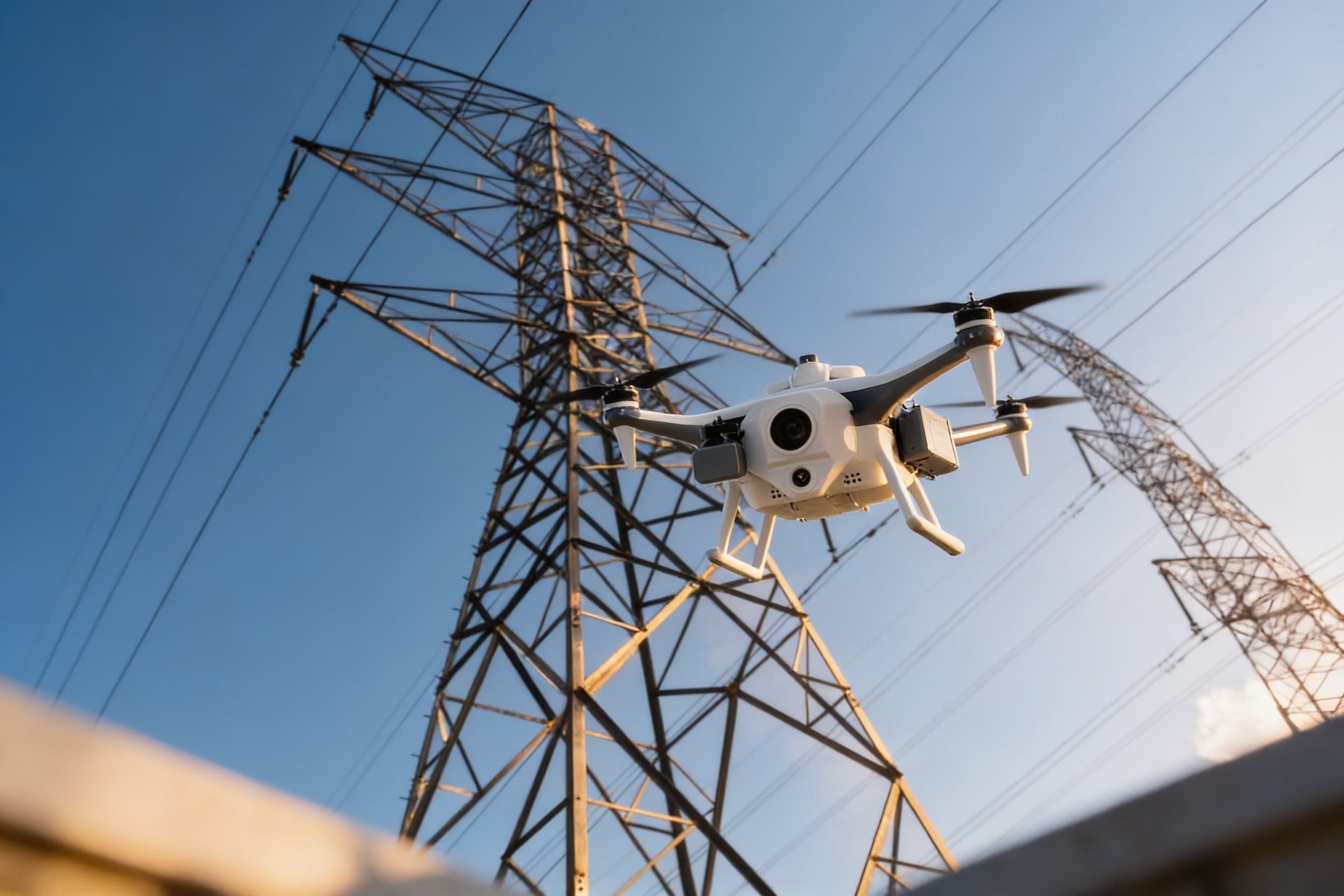 Inspection drone beside a power-transmission tower