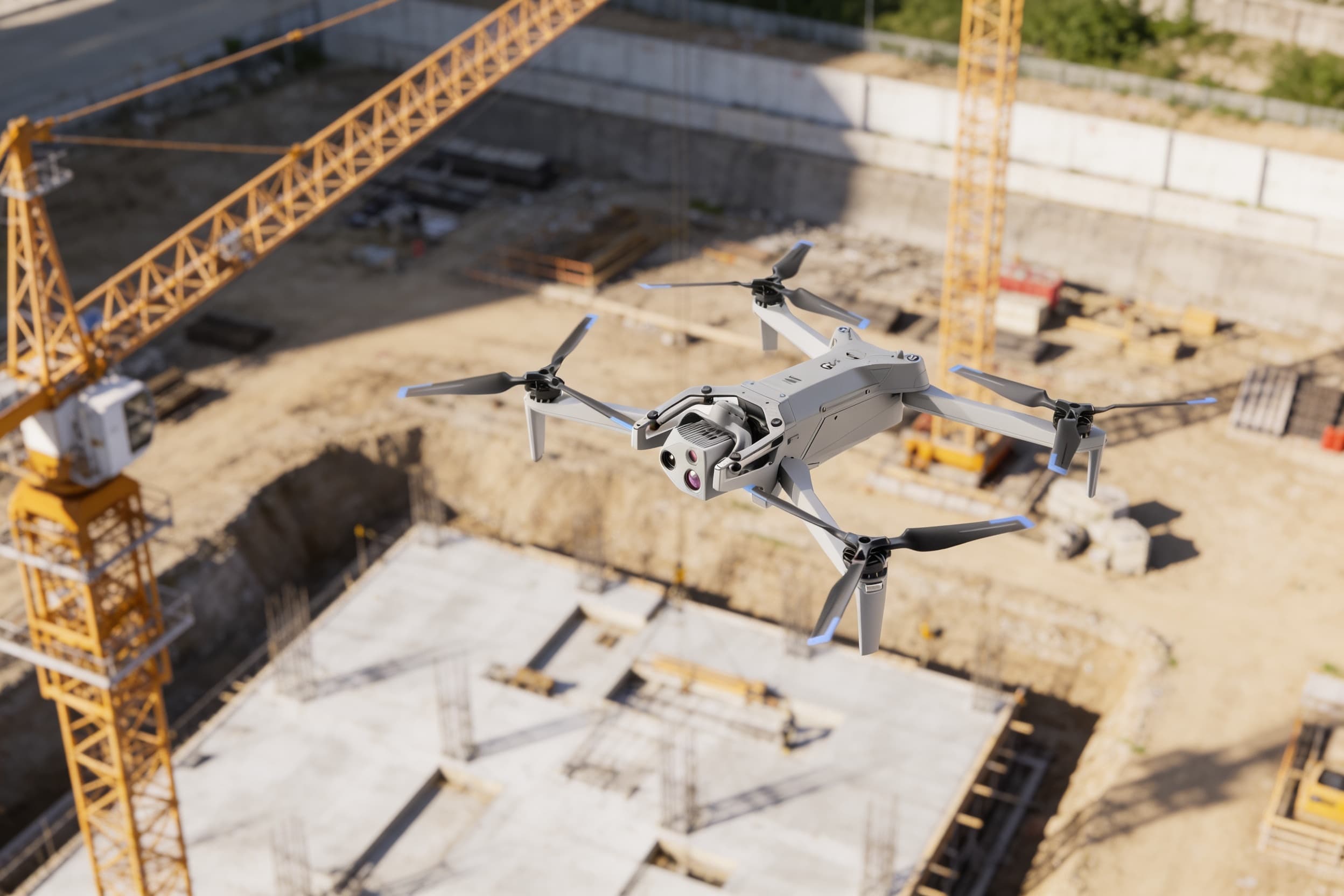 Inspection drone flying over a construction site