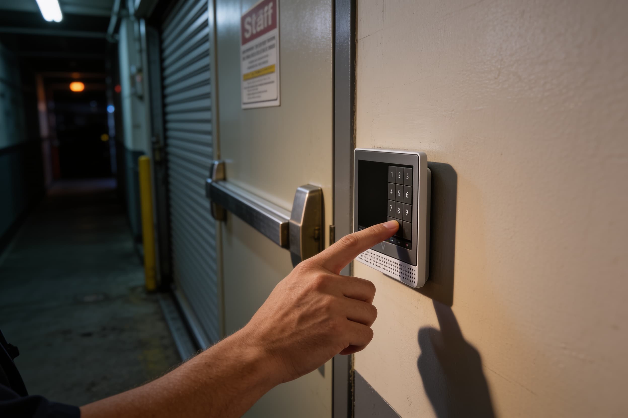 Alarm touchscreen beside a staff entrance