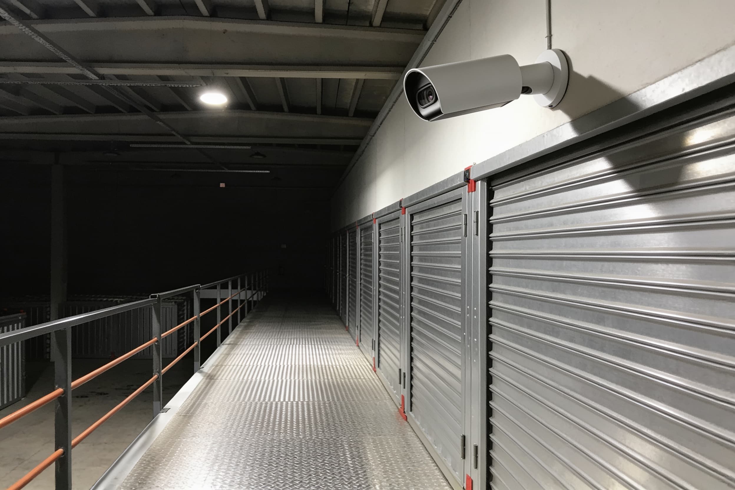 Security camera overlooking a self-storage corridor