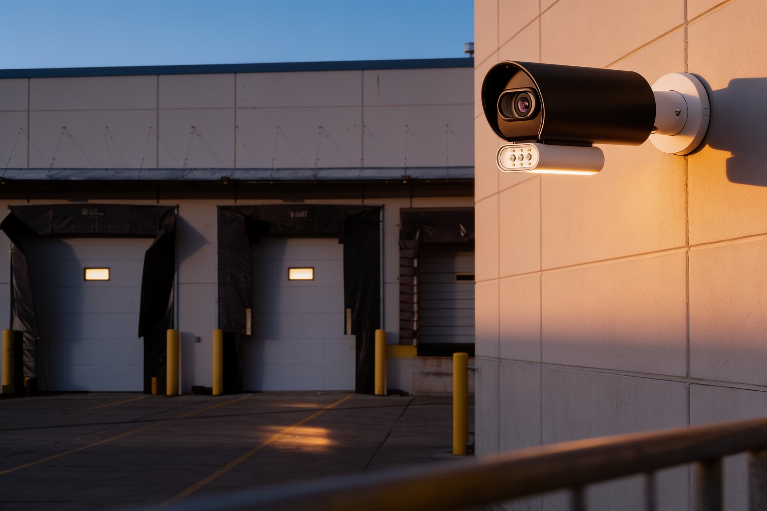 Camera with light bar on a loading dock at dusk