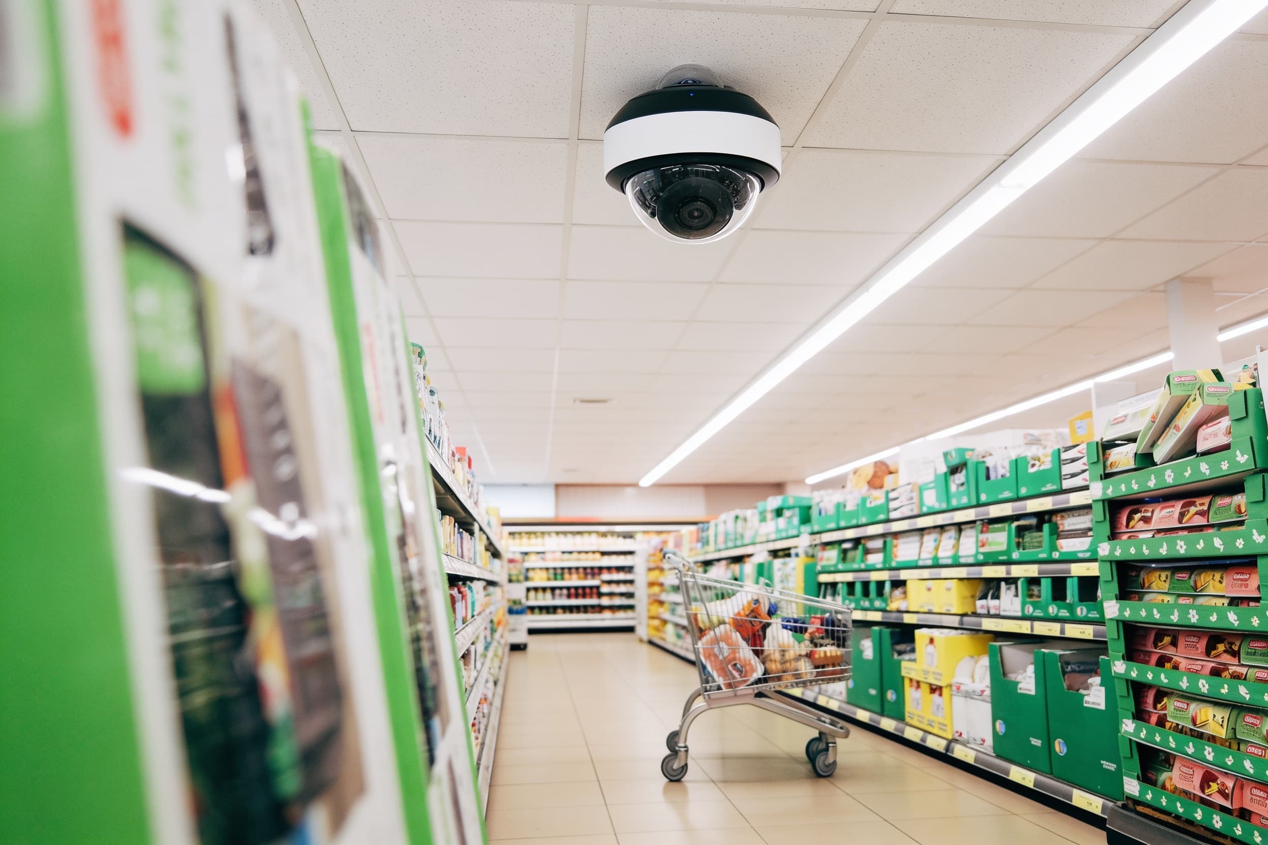 Ceiling-mounted security camera overlooking supermarket aisles