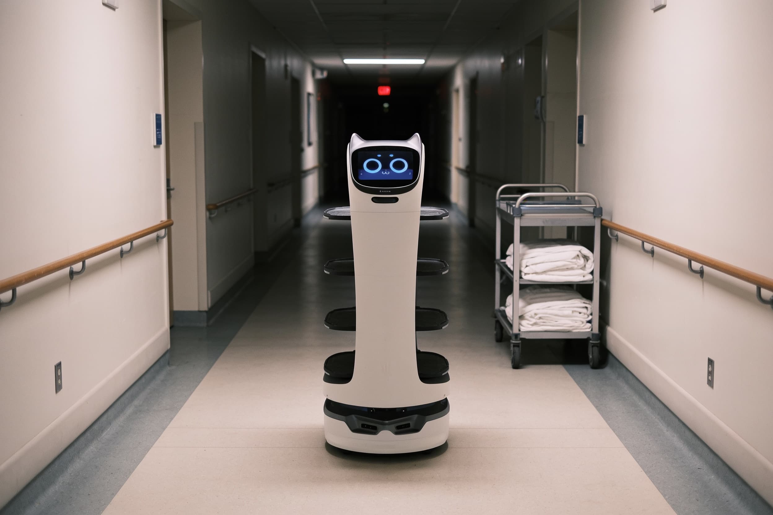 Delivery robot in a hospital corridor