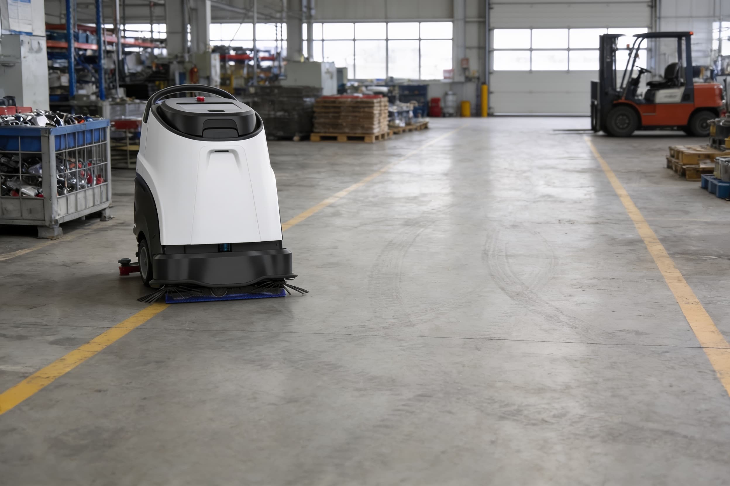 A floor-cleaning robot cleaning the concrete of an auto-assembly plant near the line