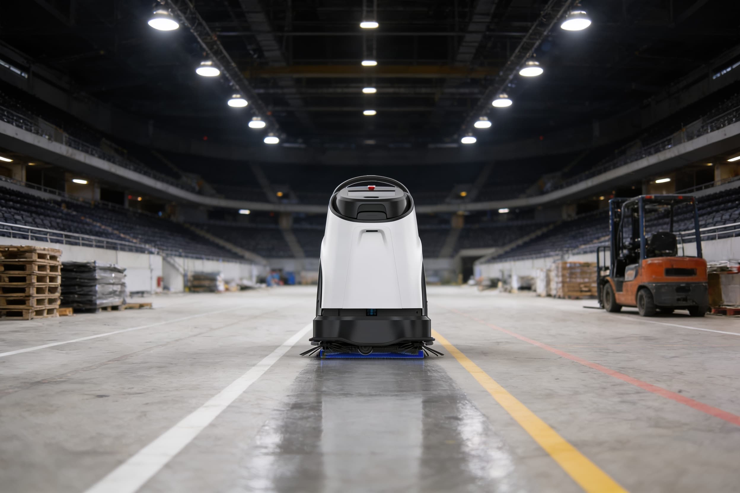 Large-area scrubber on an empty stadium concourse