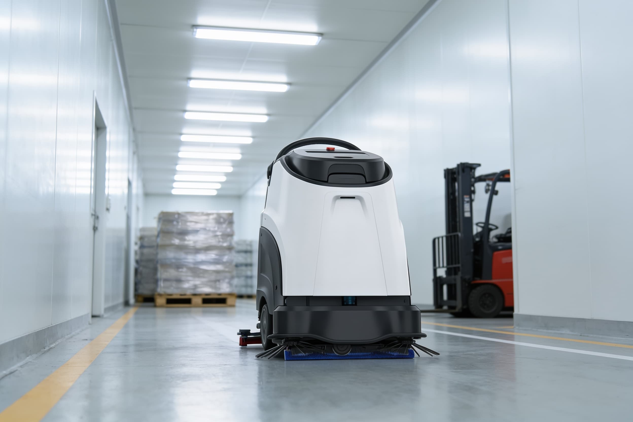 Floor scrubber on a pharmaceutical warehouse clean-corridor floor