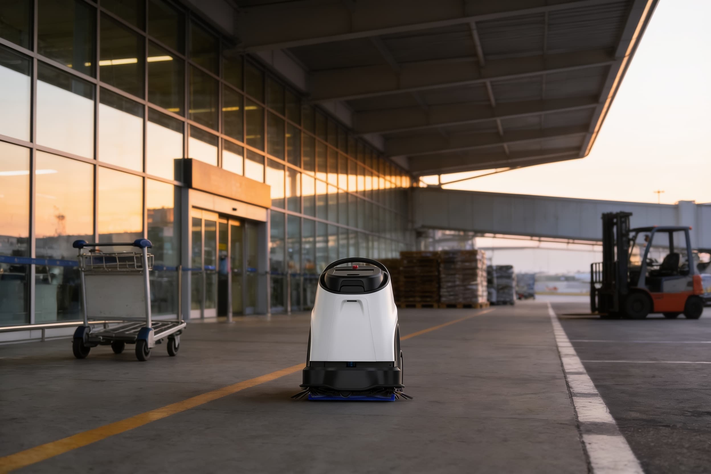 A cleaning robot scrubbing the floor of an airport terminal