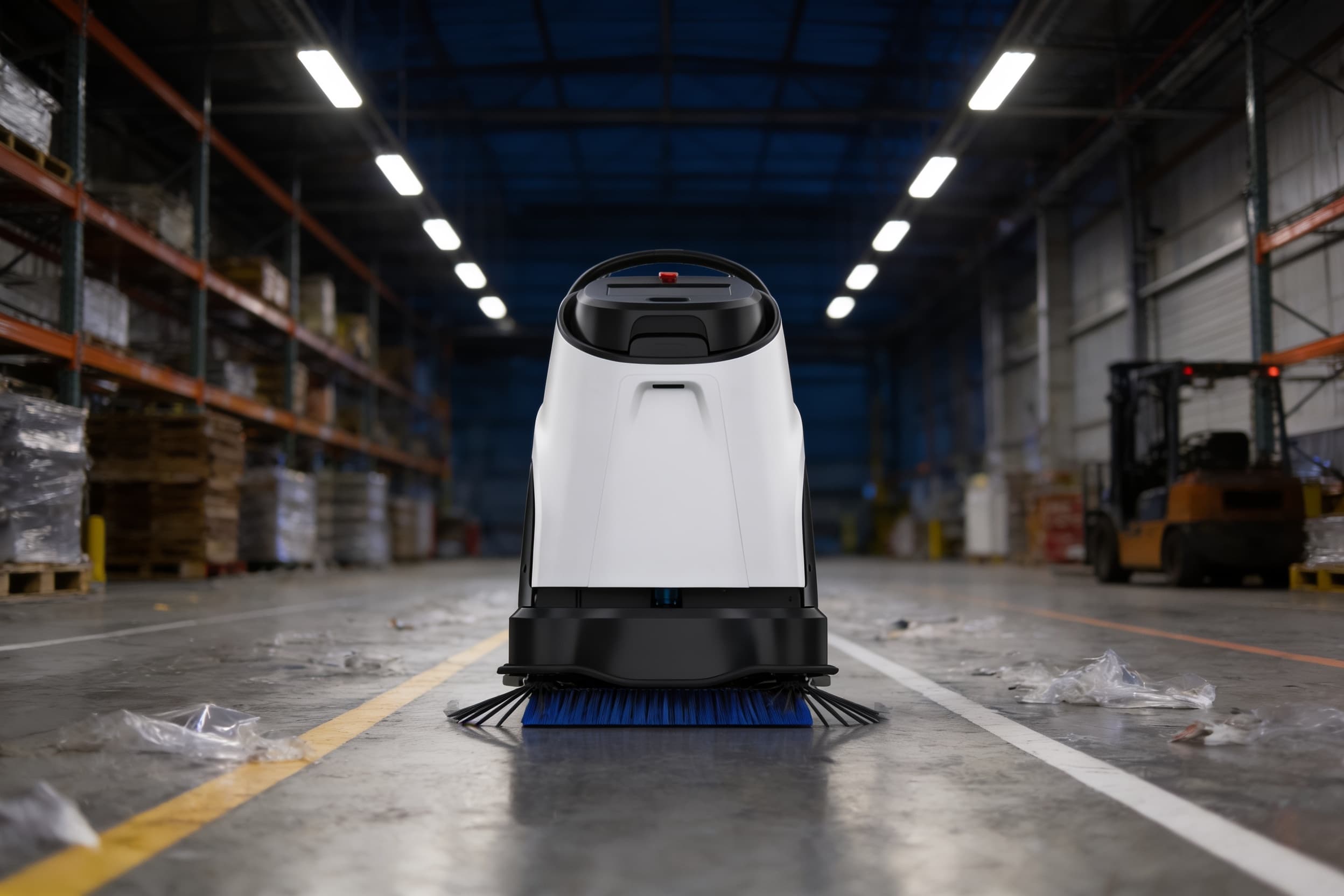 A commercial cleaning robot working a warehouse floor