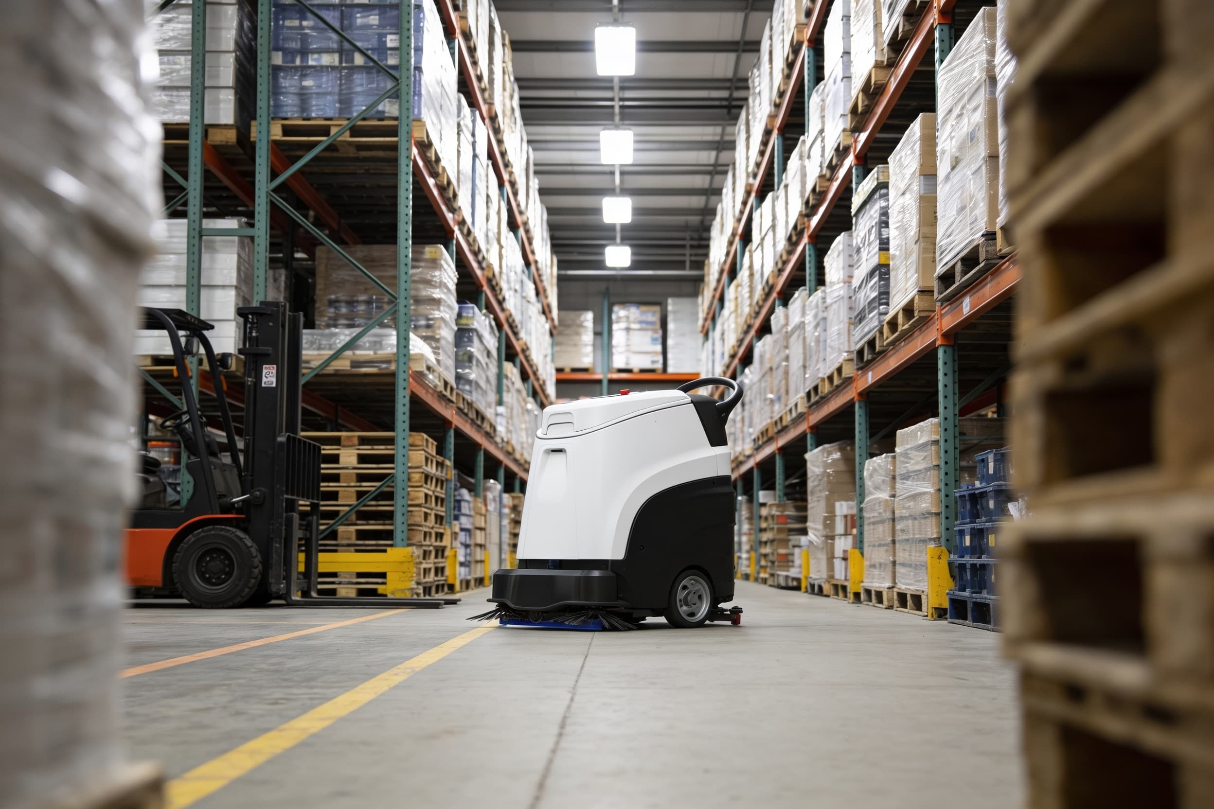 A floor scrubber working a back-of-house stockroom aisle