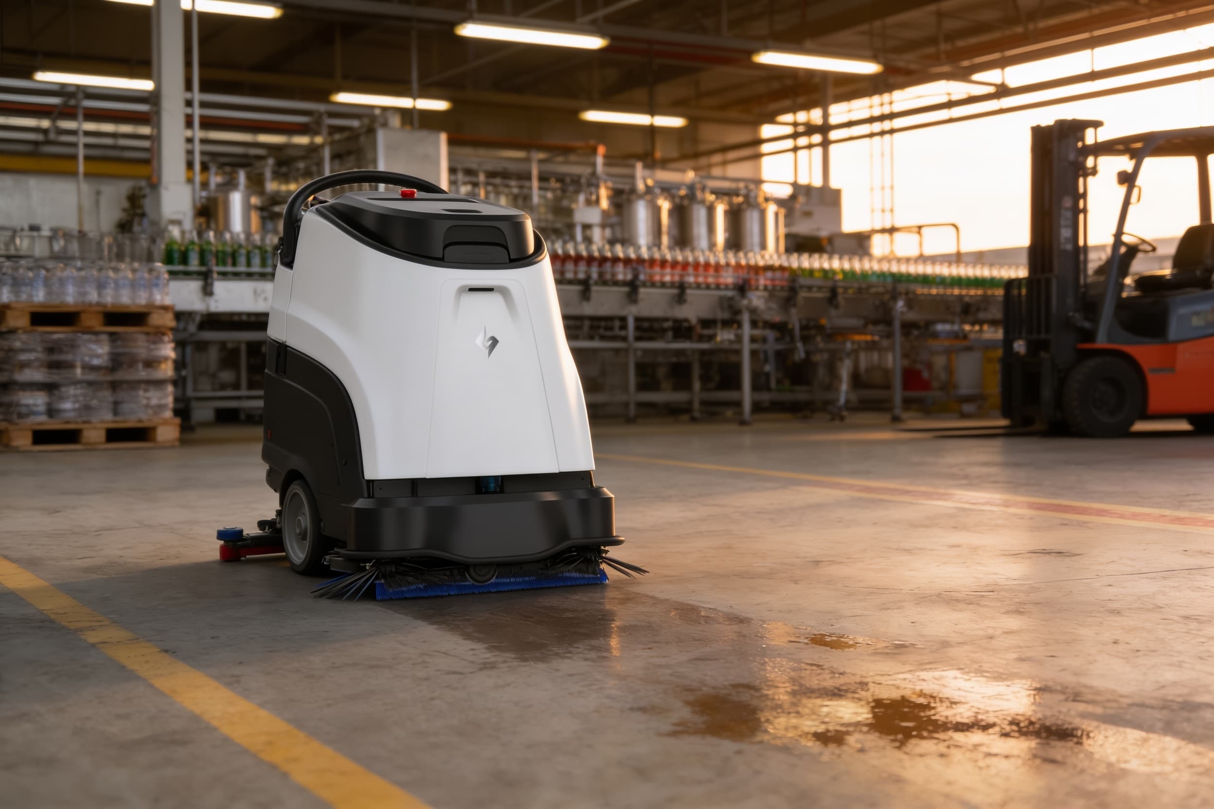 A floor scrubber working a plant floor between shifts