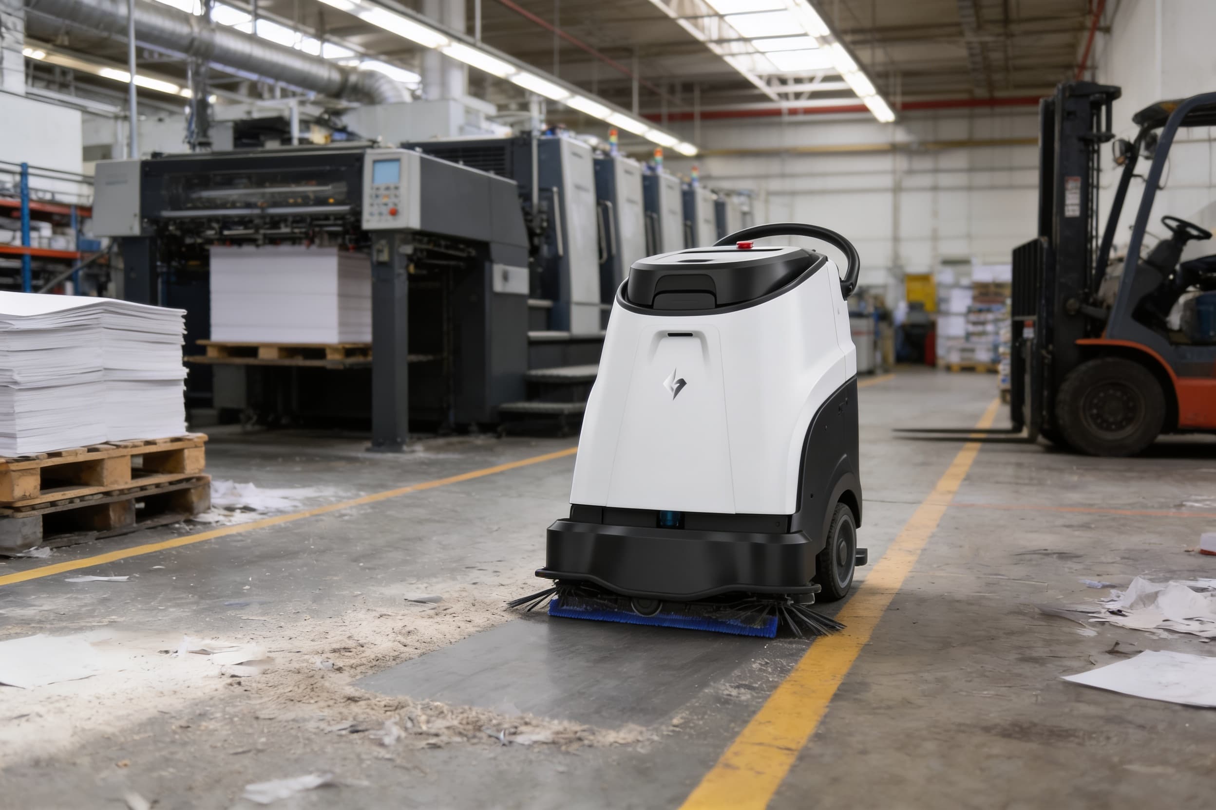 Floor scrubber working a plant floor near the line