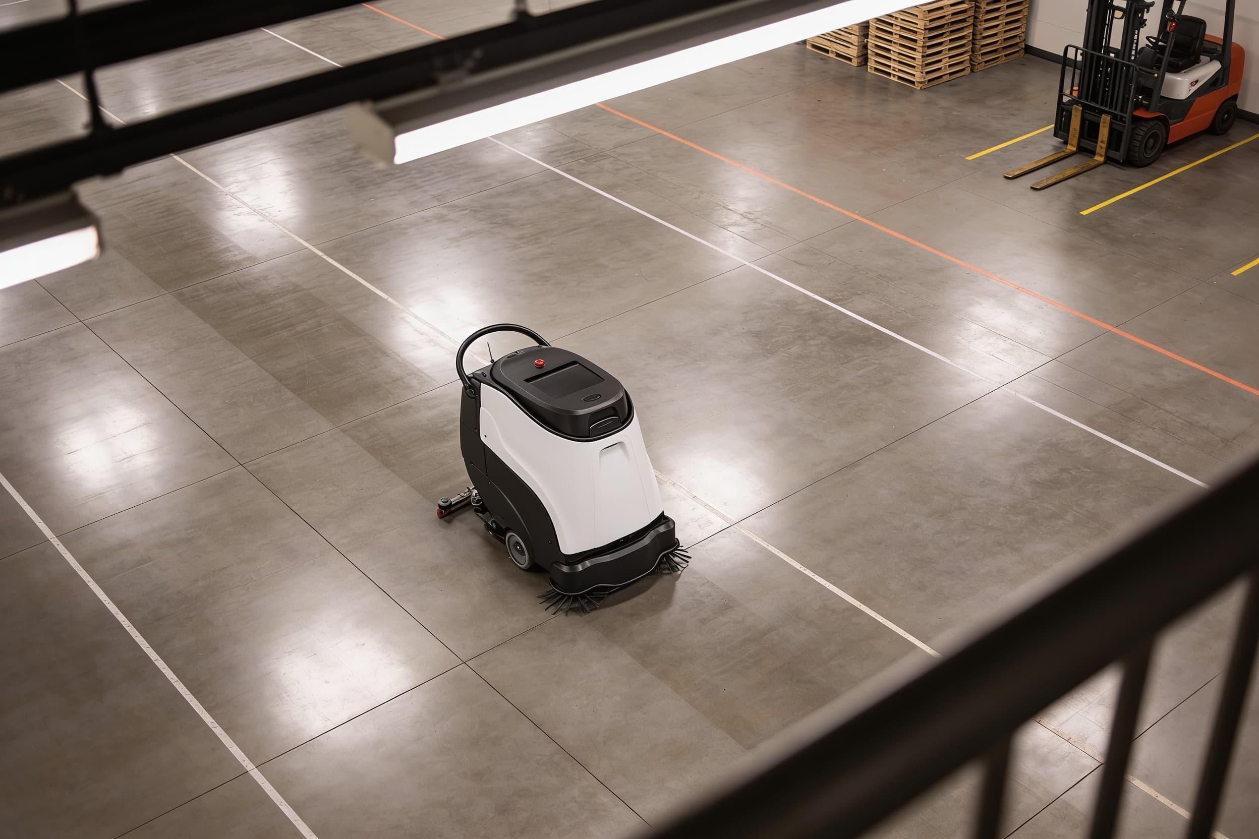 A floor scrubber covering an empty hall overnight