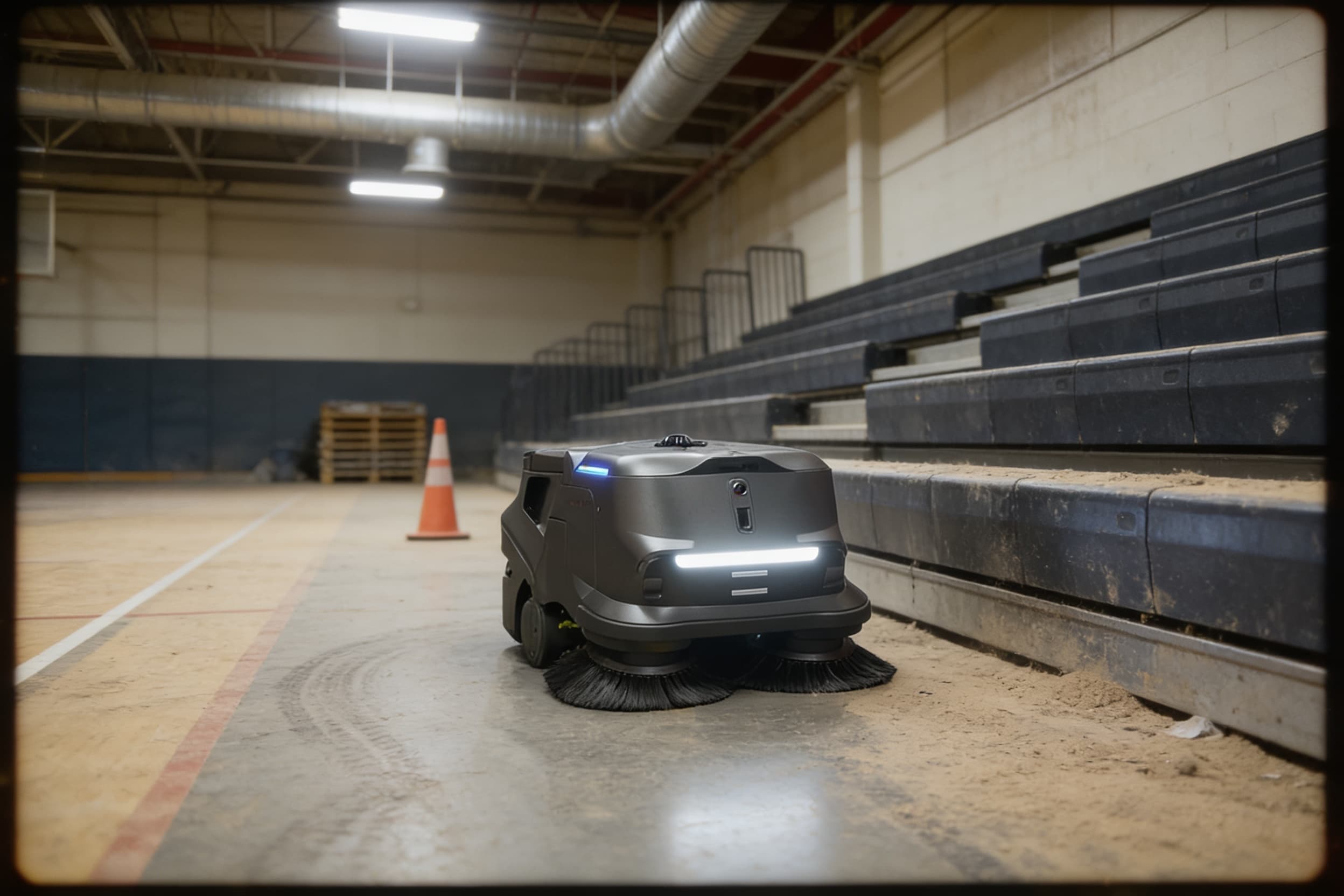 Floor-sweeping robot beside gym bleachers, generated illustration
