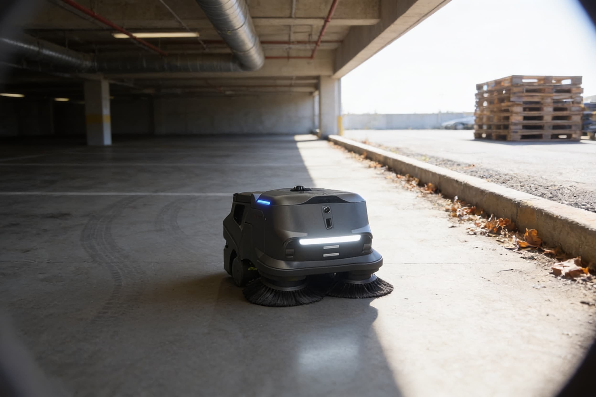 A cleaning robot sweeping a parking-garage level