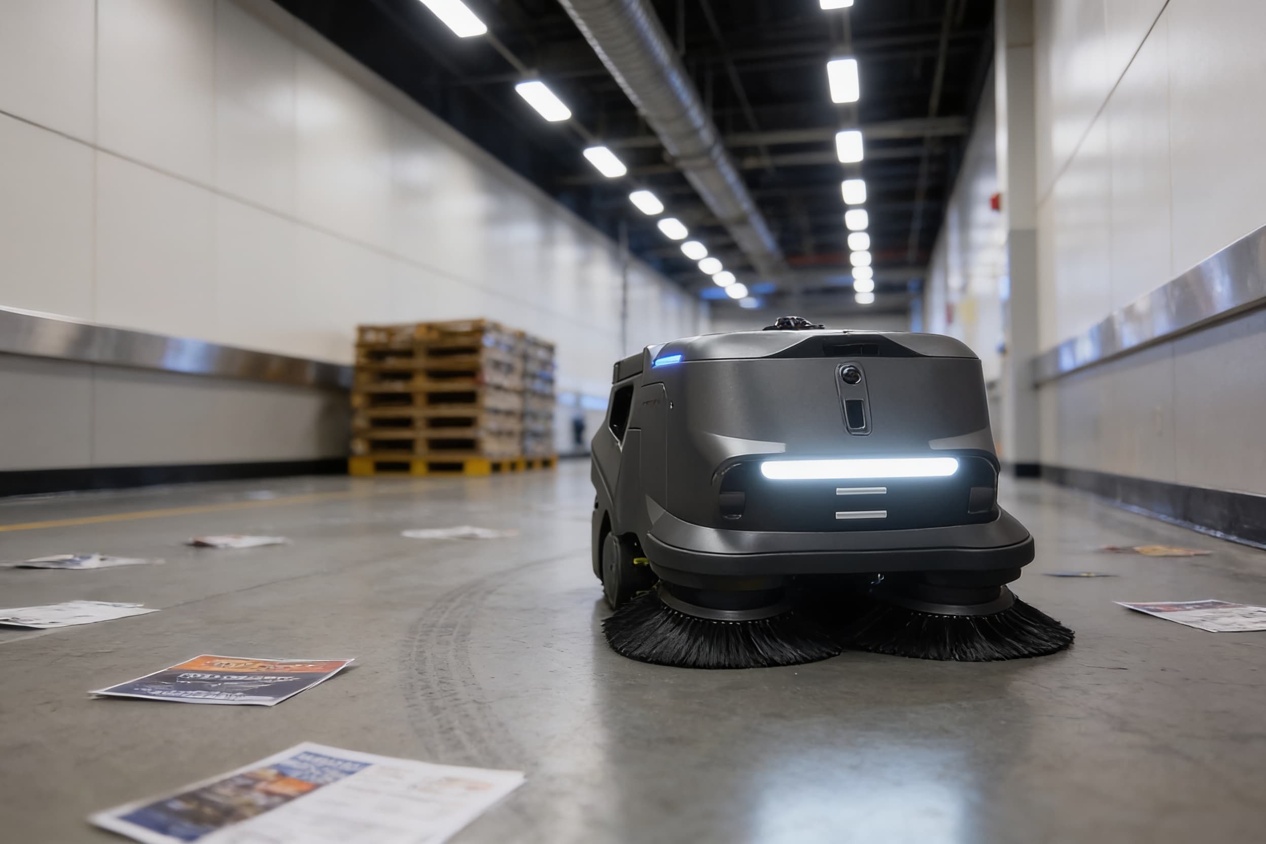 A compact sweeper working a broad indoor concourse