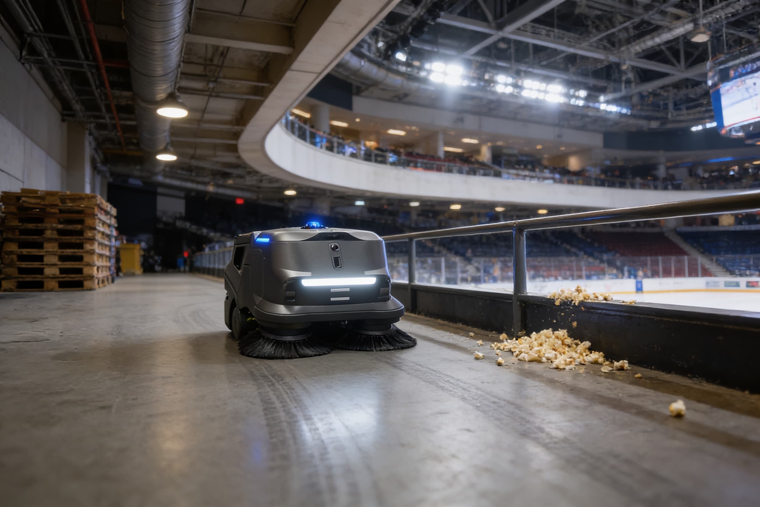 A compact sweeper working a broad concourse after the event