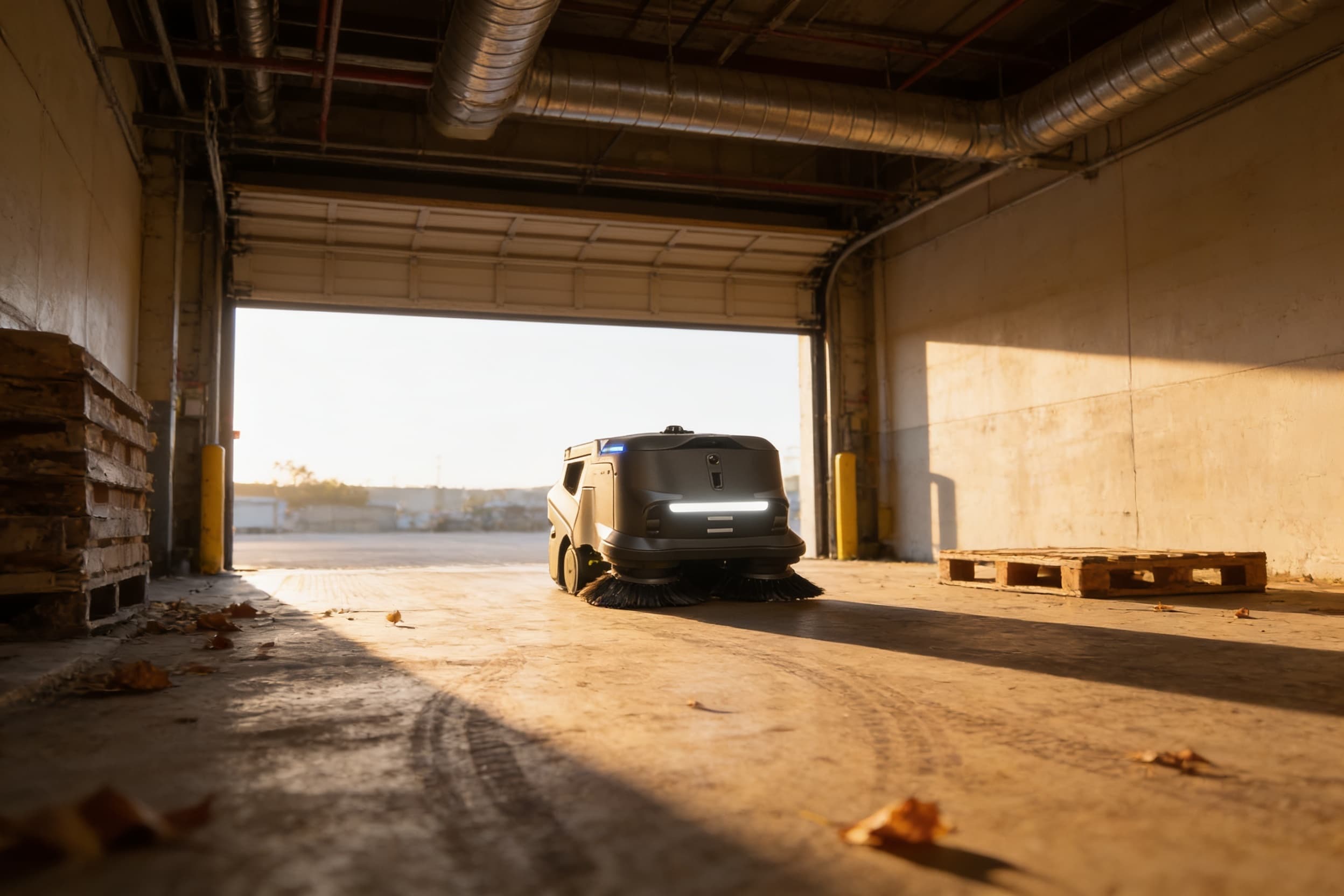 A sweeping robot clearing a covered loading dock