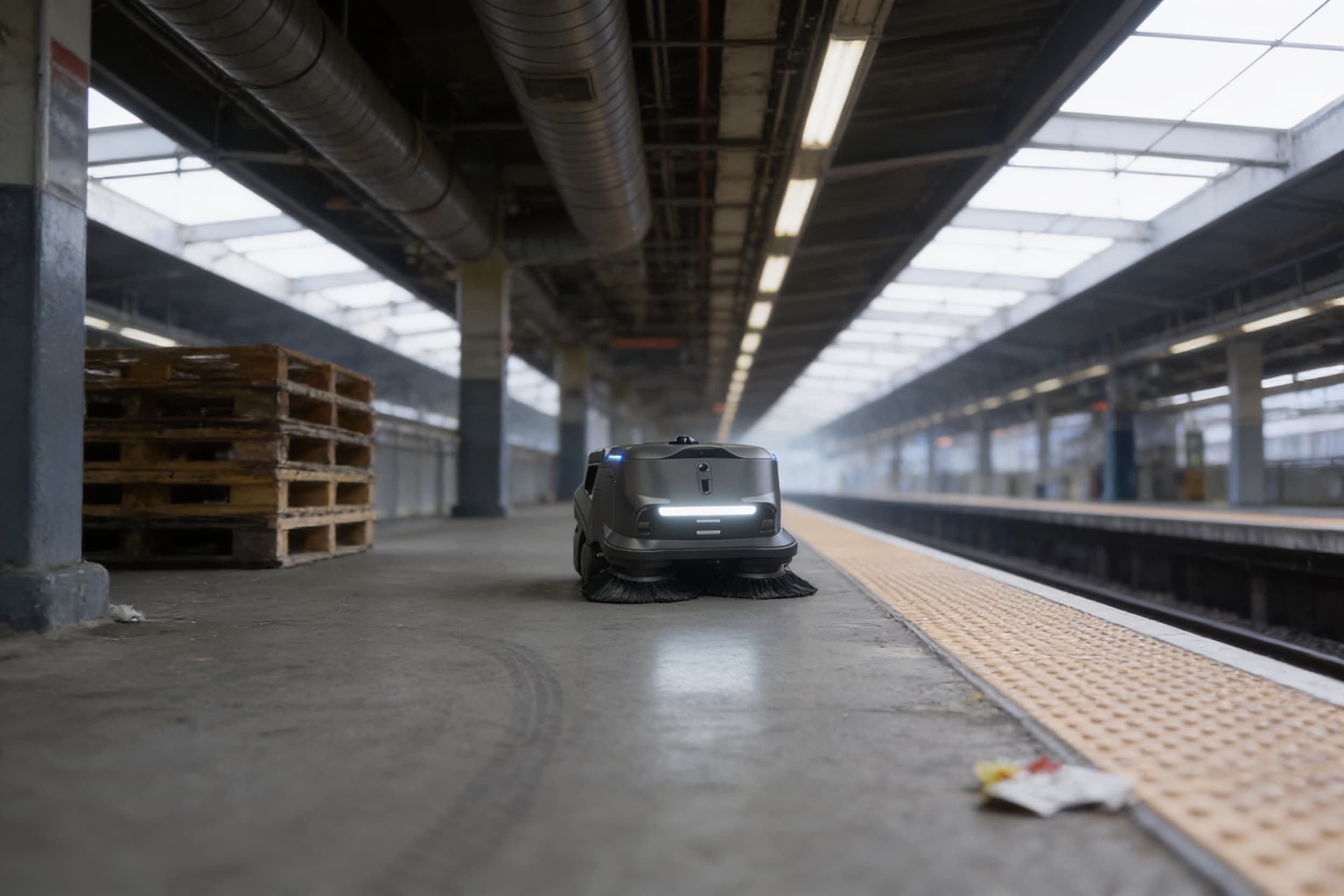 A compact sweeper working a subway platform off-peak