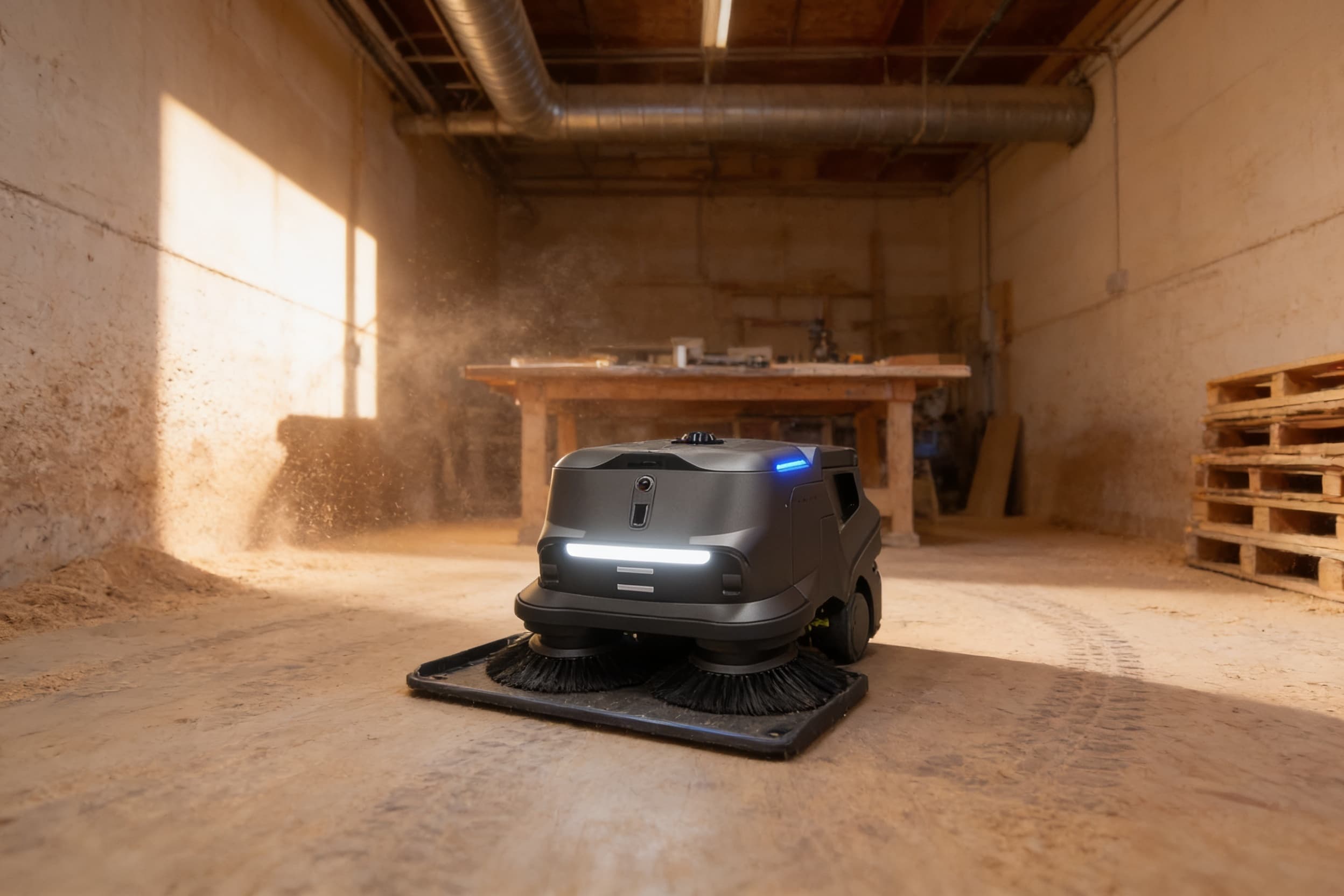 A floor-cleaning robot sweeping a woodworking shop
