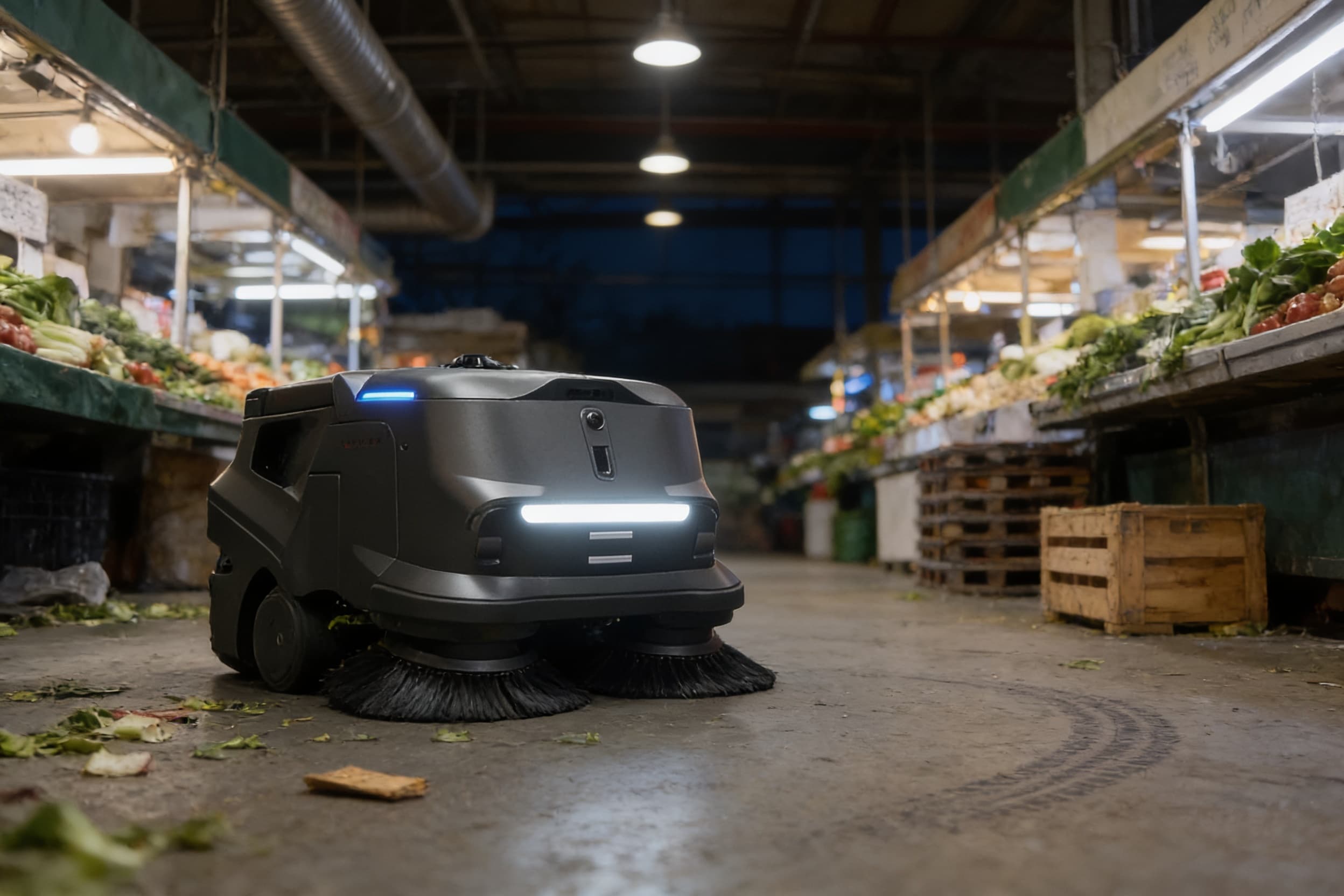 Floor-sweeping robot in a produce market, generated illustration