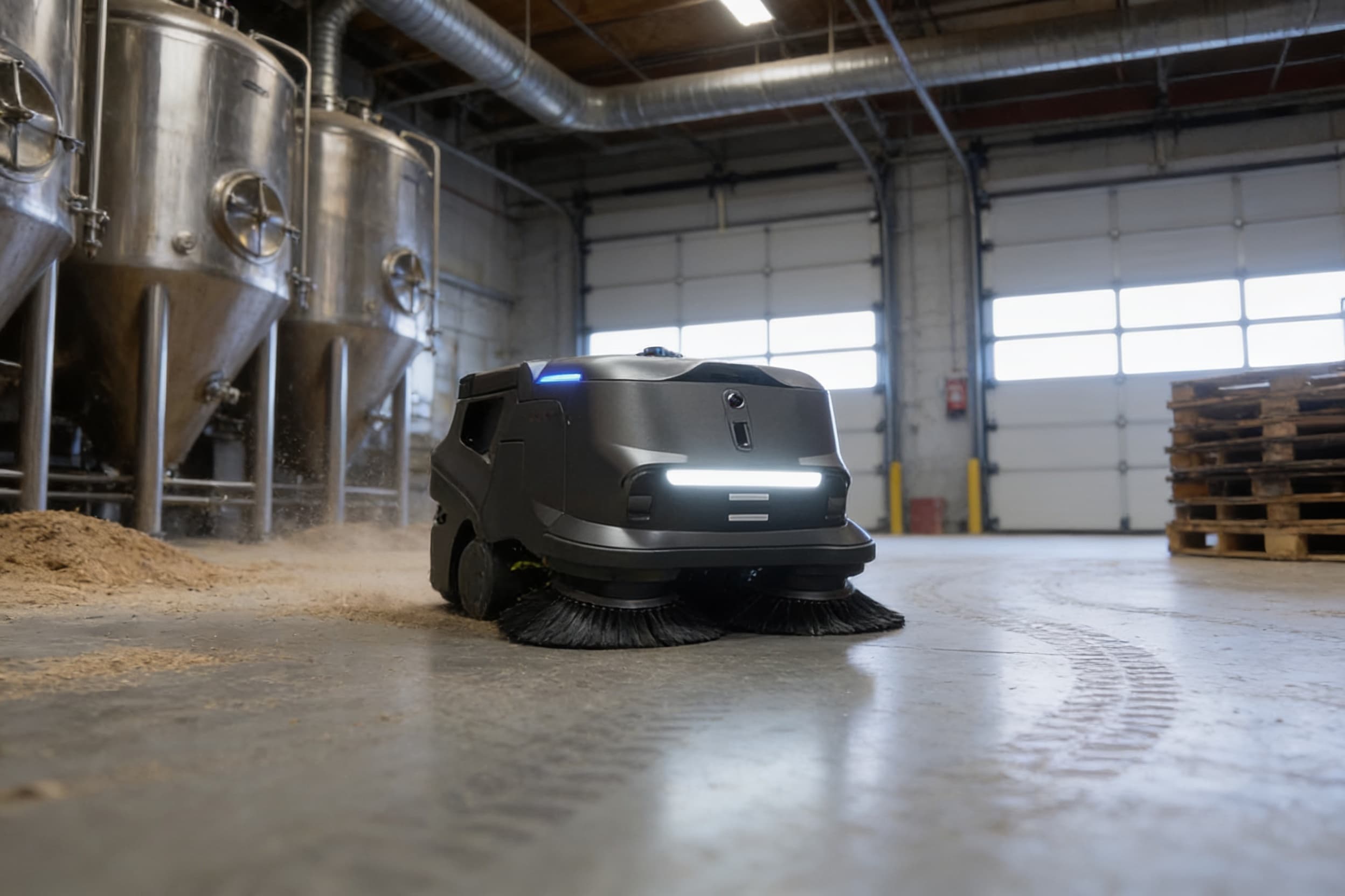Floor-sweeping robot beside brewery tanks, generated illustration